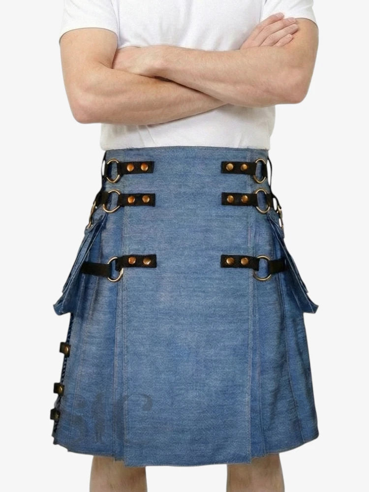 Blauer Denim-Kilt mit verstellbaren Riemen