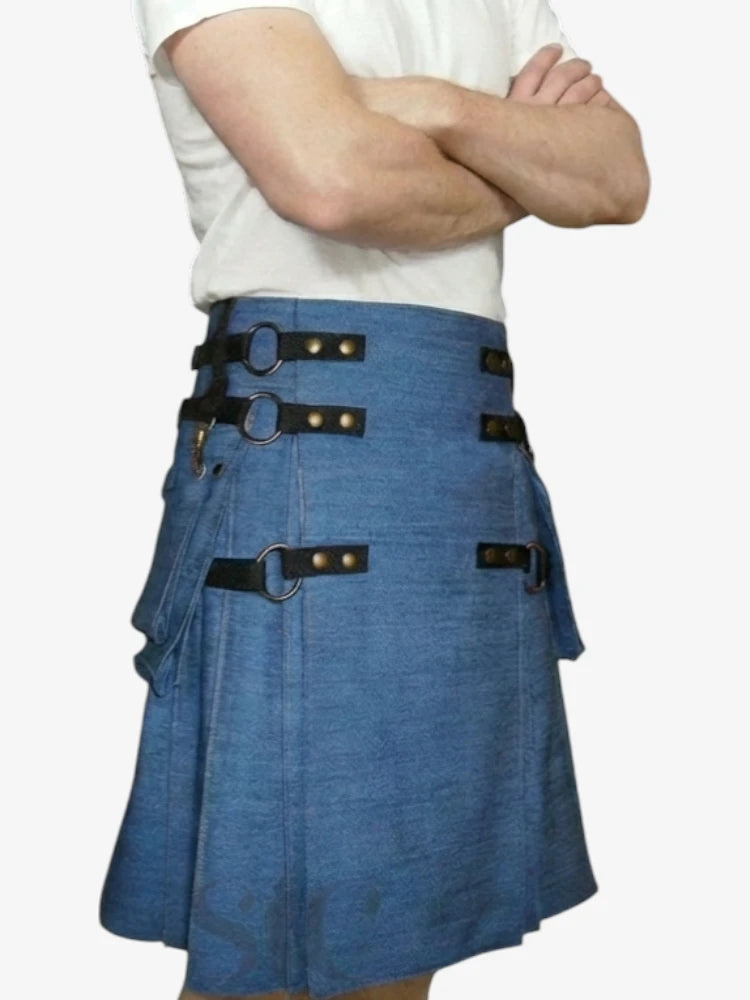 Blauer Denim-Kilt mit verstellbaren Riemen