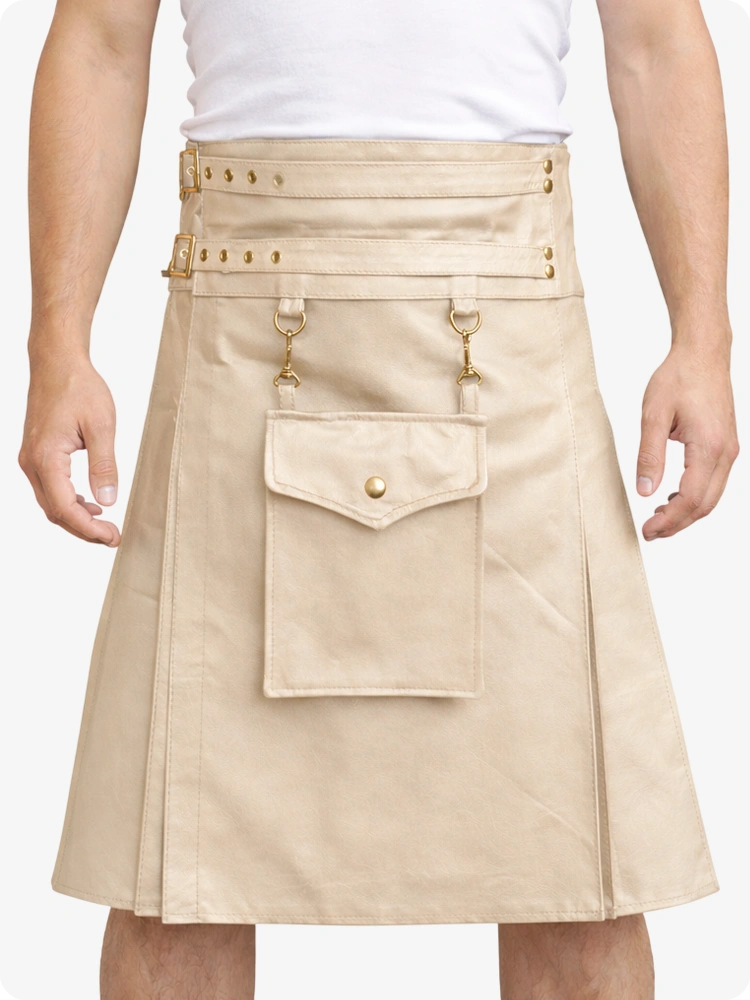 Beige-Creme Leder-Utility-Kilt mit Fronttasche und verstellbaren Schnallenriemen