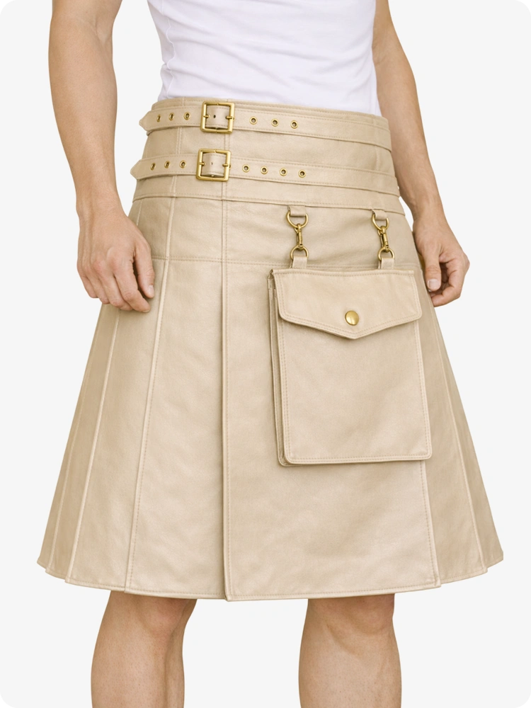 Beige-Creme Leder-Utility-Kilt mit Fronttasche und verstellbaren Schnallenriemen