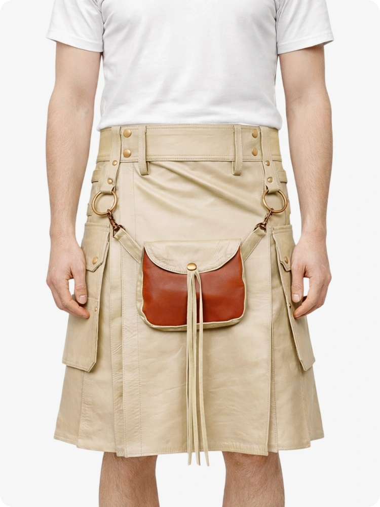 Beige Creme Leder Utility Kilt mit Front-Sporran