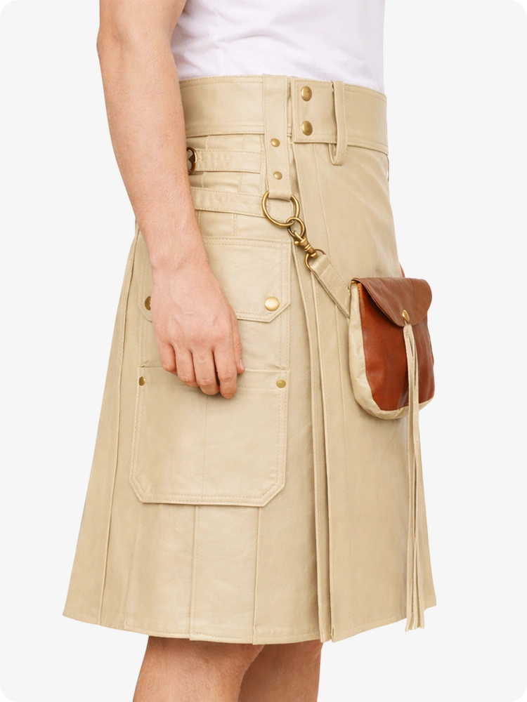 Beige Creme Leder Utility Kilt mit Front-Sporran