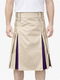 Beige kilt with purple accents worn by a person on a white background