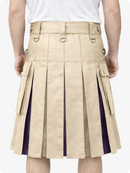 Beige kilt with purple accents worn by a person on a white background