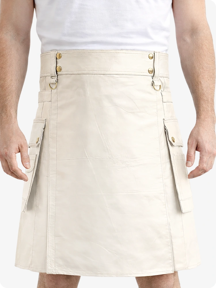 Beigefarbener Creme Echtleder Utility Kilt mit Cargotaschen und D-Ringen