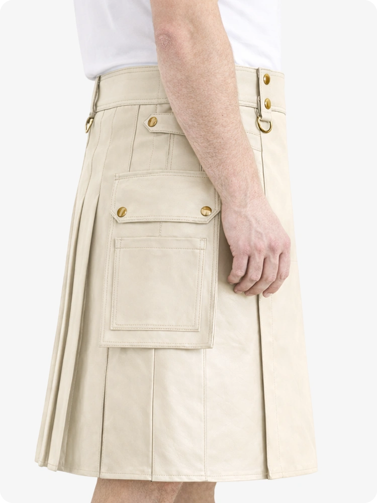 Beigefarbener Creme Echtleder Utility Kilt mit Cargotaschen und D-Ringen