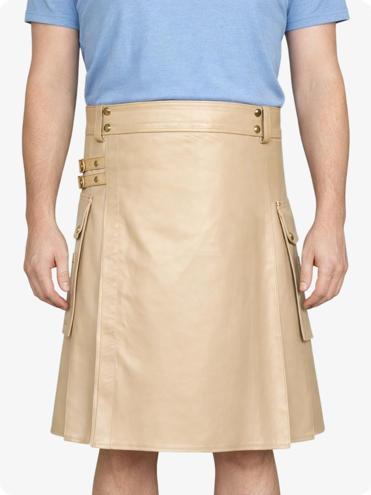 Beigefarbener Utility-Kilt aus echtem Leder mit Seitentaschen