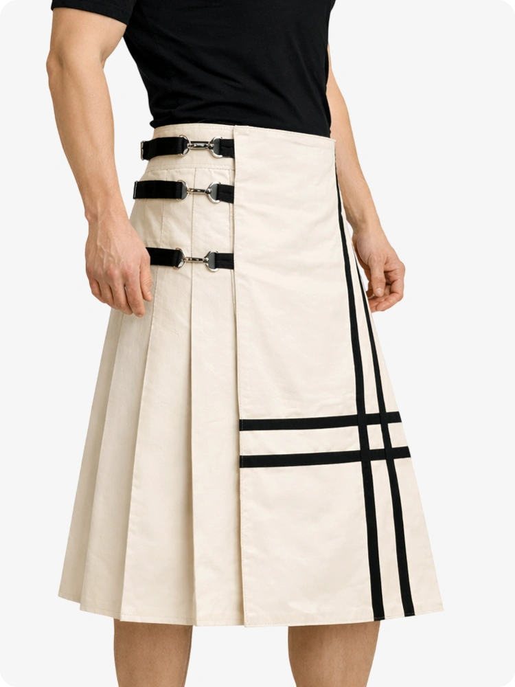 Biege Cream Leather Utility Kilt with Side Buckles & Pleated Back