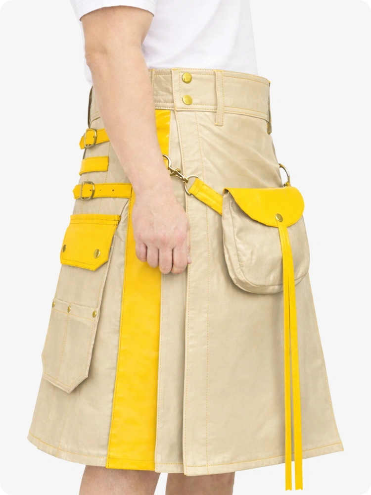 Beiger Creme-Leder Utility Kilt mit gelben Akzenten & abnehmbaren Taschen