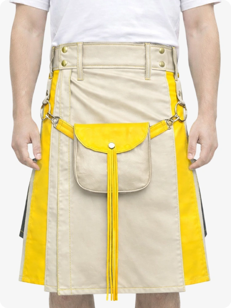 Beiger Creme-Leder Utility Kilt mit gelben Akzenten & abnehmbaren Taschen