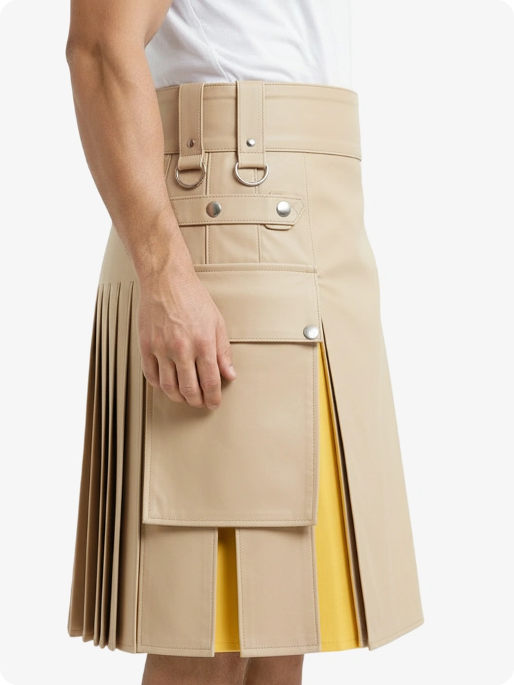 Beige Creme & Gelb Leder Utility Kilt mit Cargotaschen