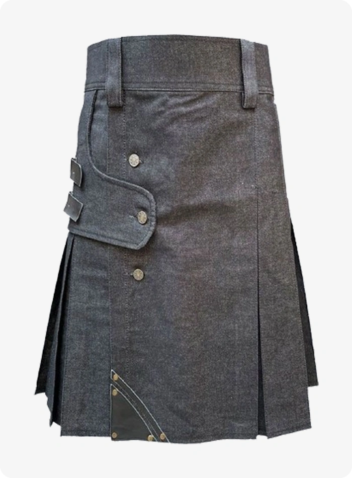 Maßgefertigter Schwarzer Denim Utility Kilt mit Lederriemen