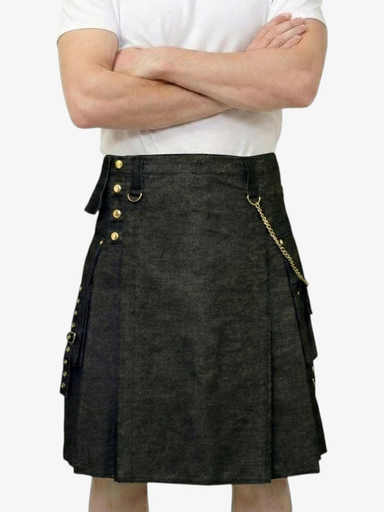 Schwarzer Denim-Kilt mit Goldkette
