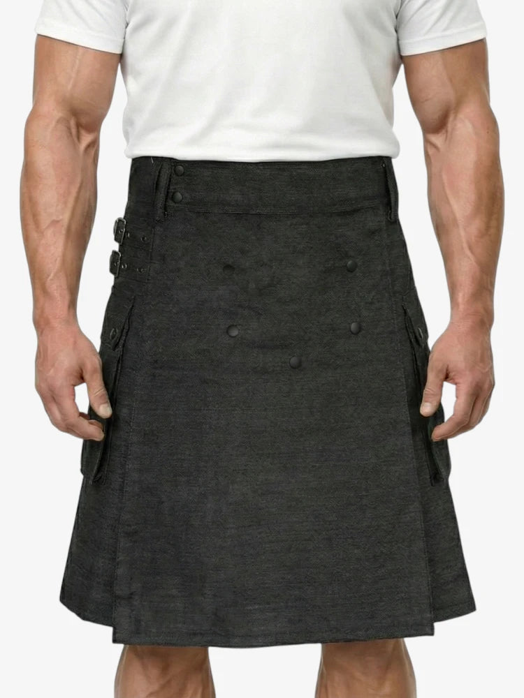 Schwarzer Denim-Kilt mit Druckknopf