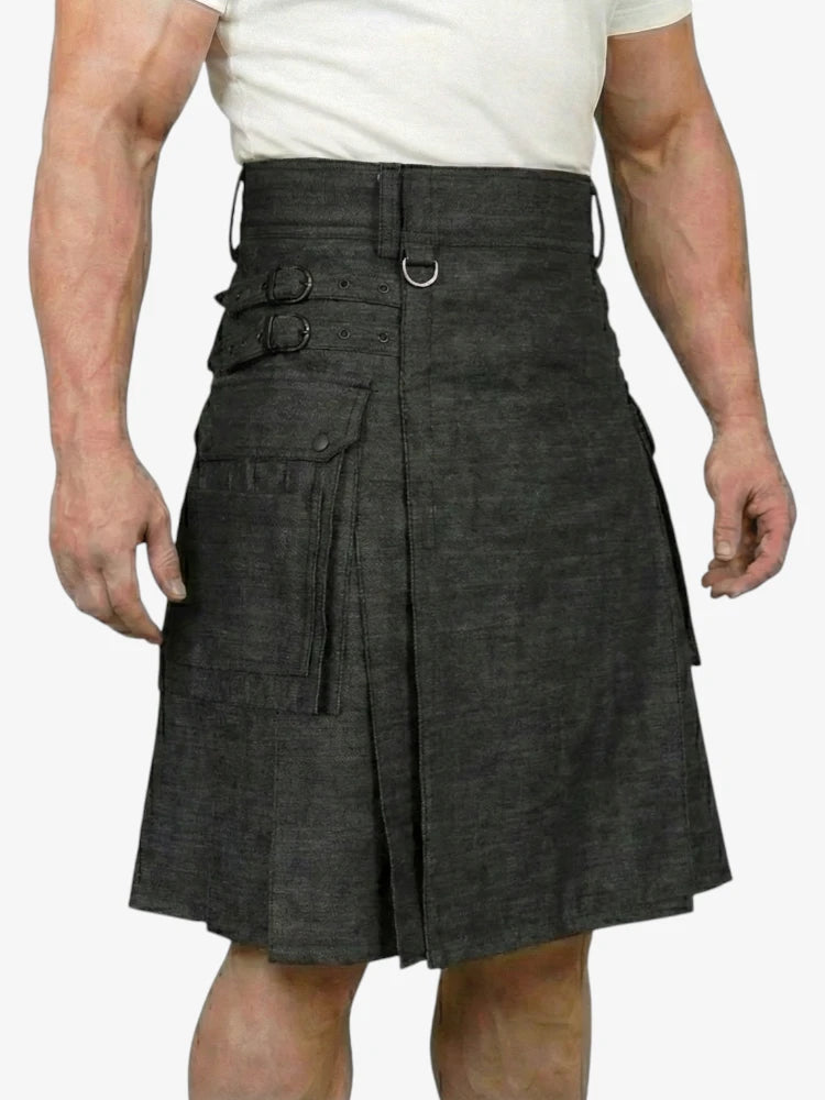 Schwarzer Denim-Kilt mit Druckknopf