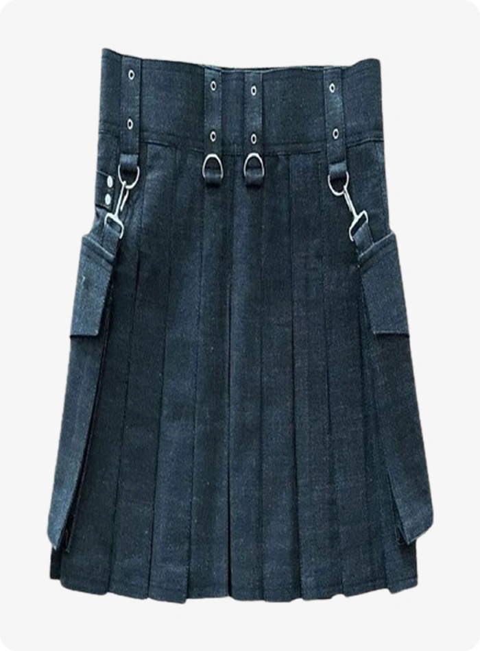 Maßgefertigter Schwarzer Denim Kilt mit Schnallen