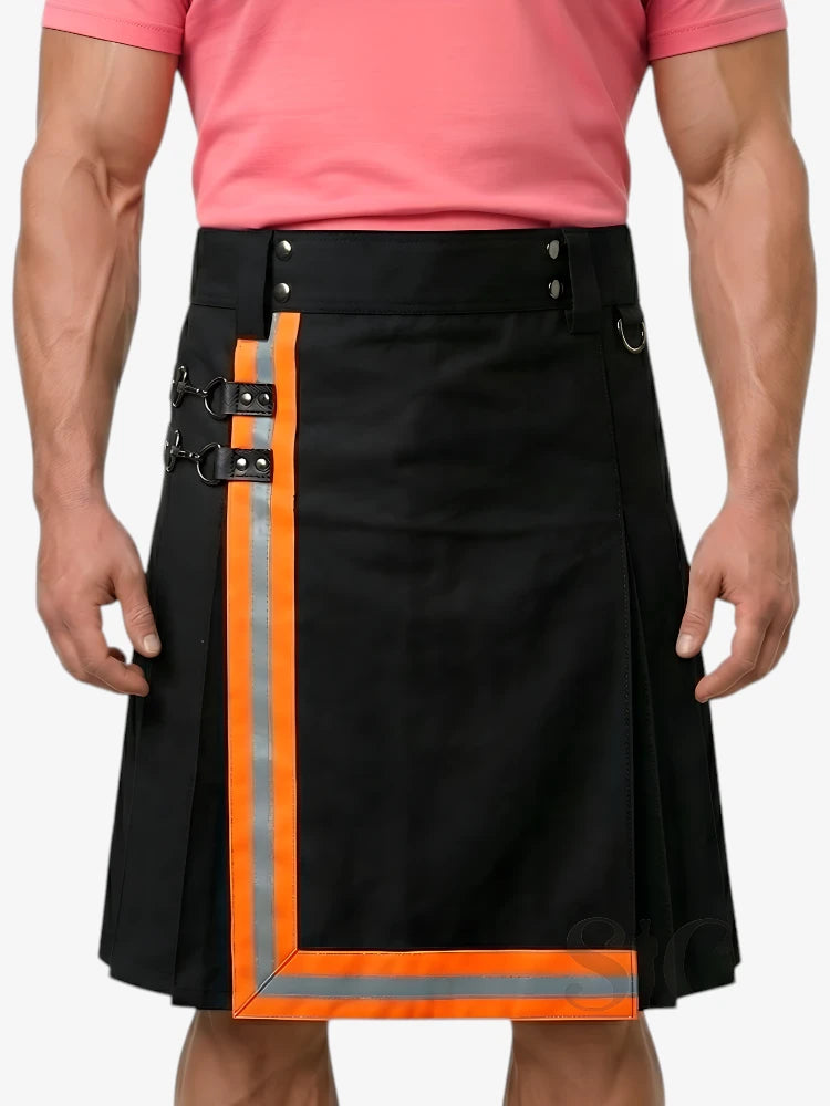 Schwarzer Feuerwehr Kilt mit orangefarbenen Streifen
