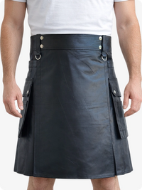 Black Genuine Leather Utility Kilt with Cargo Pockets & D-Rings