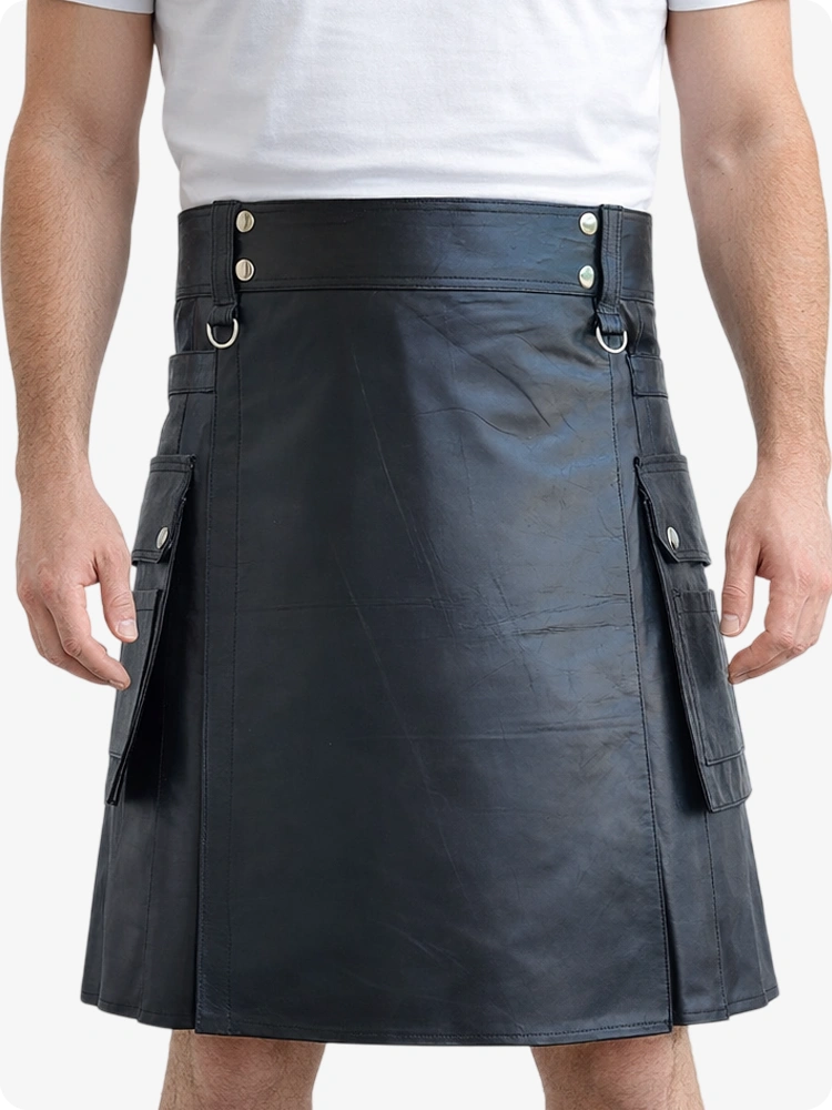 Black Genuine Leather Utility Kilt with Cargo Pockets & D-Rings