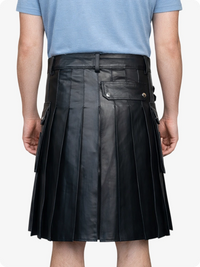 Black Genuine Leather Utility Kilt with Side Pockets