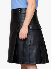 Black Genuine Leather Utility Kilt with Side Pockets