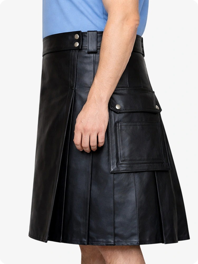 Black Genuine Leather Utility Kilt with Side Pockets