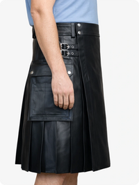Black Genuine Leather Utility Kilt with Side Pockets