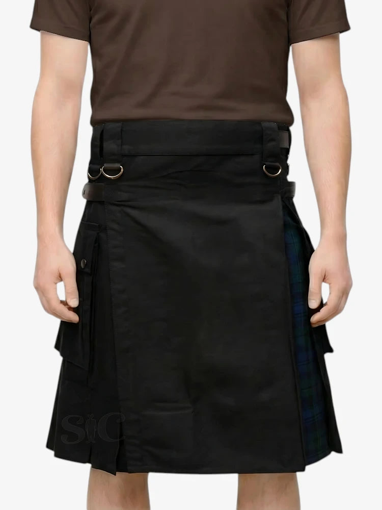 Schwarzer Hybrid-Kilt mit Tartan-Falten