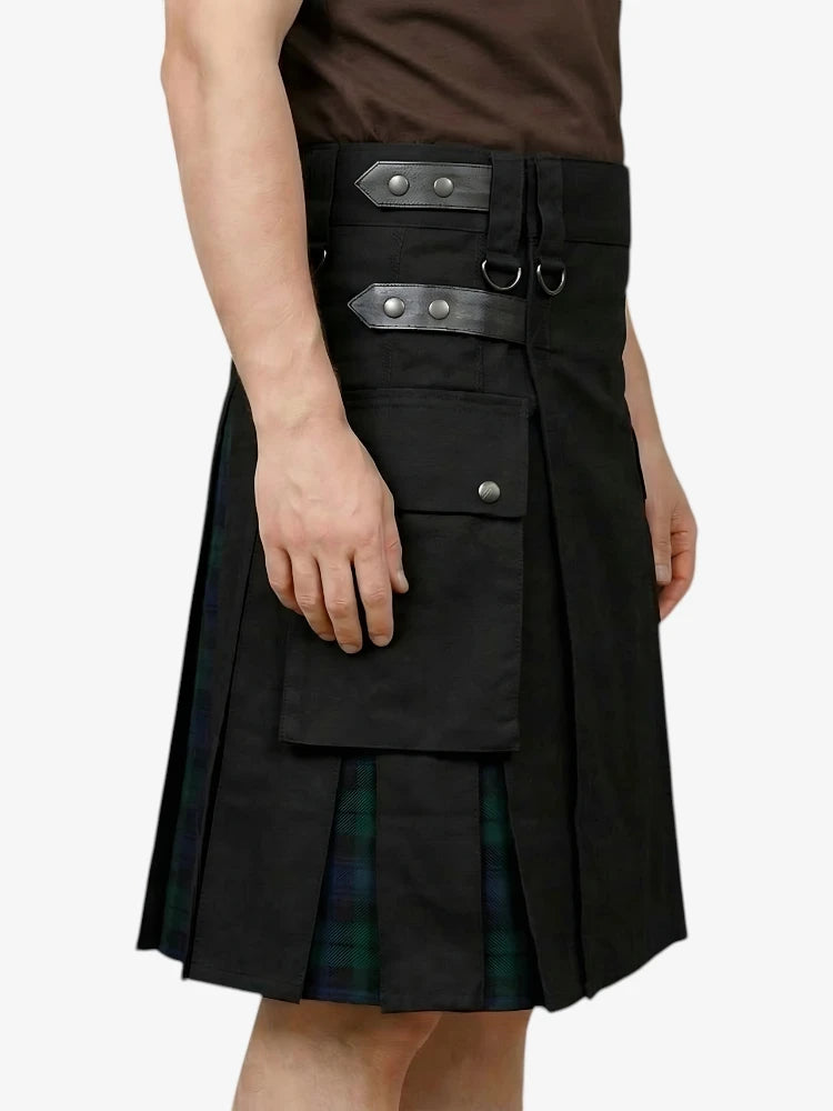 Schwarzer Hybrid-Kilt mit Tartan-Falten