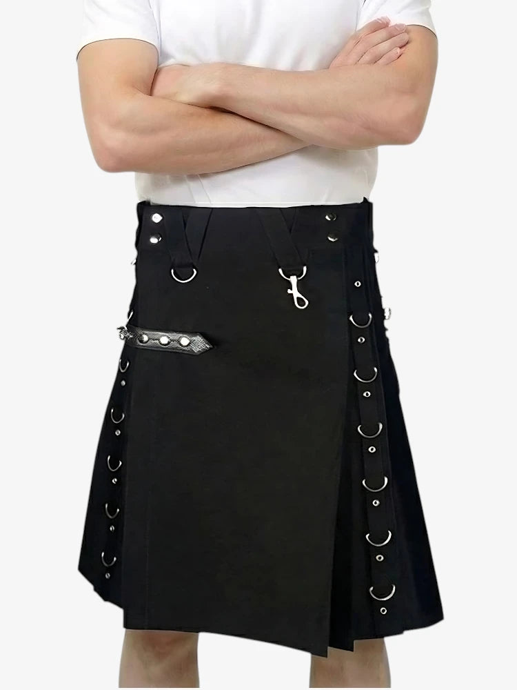 Schwarzer Hybrid-Utility-Kilt mit Mehrfachring-Riemen
