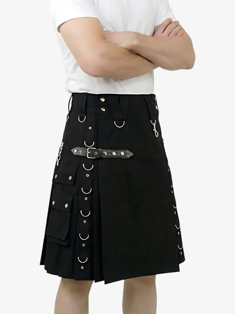 Schwarzer Hybrid-Utility-Kilt mit Mehrfachring-Riemen