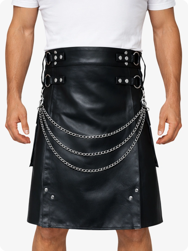 Black Leather Utility Kilt with Chain Detailing & Adjustable Straps