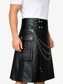 Black Leather Utility Kilt with Chain Detailing & Adjustable Straps