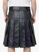 Black leather kilt with purple lining worn by a person on a white background