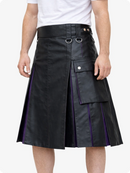 Black leather skirt with purple accents worn by a person on a white background