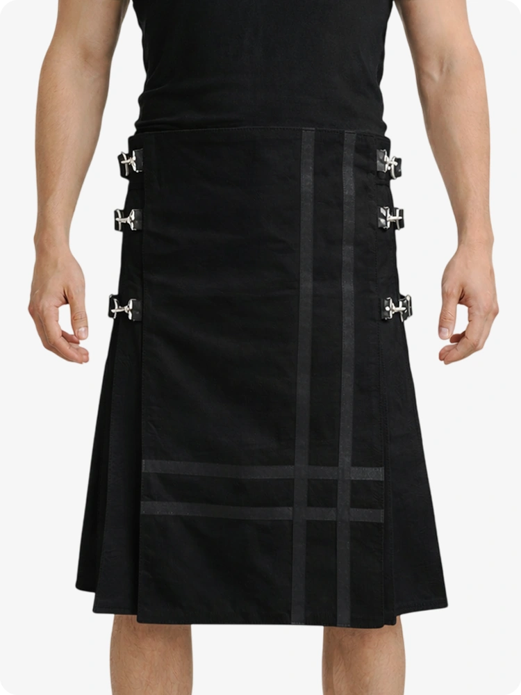 Black Leather Utility Kilt with Side Buckles & Pleated Back