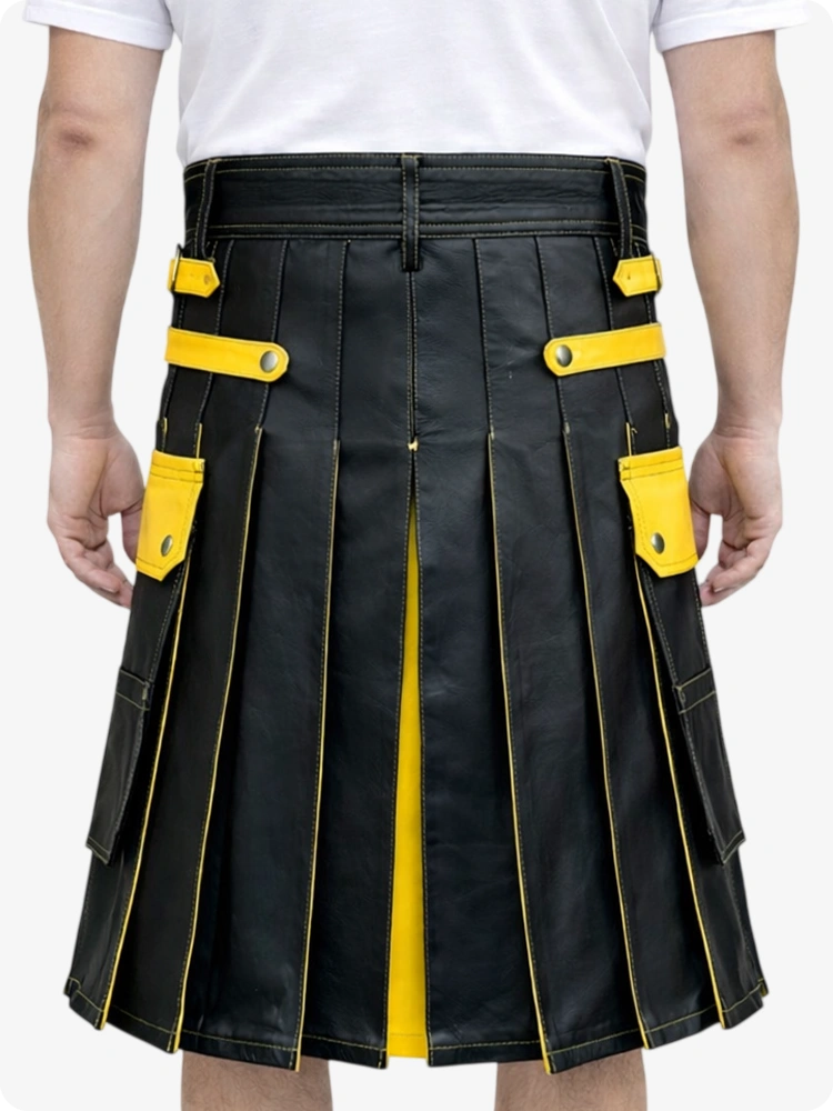 Black kilt with yellow accents worn by a person on a white background