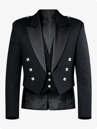 Black Prince Charlie Kilt Jacket with Satin Lapels & Silver Square Buttons