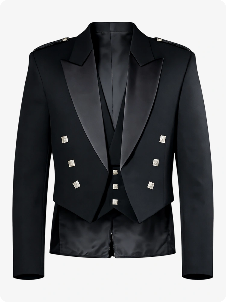 Black Prince Charlie Kilt Jacket with Satin Lapels & Silver Square Buttons