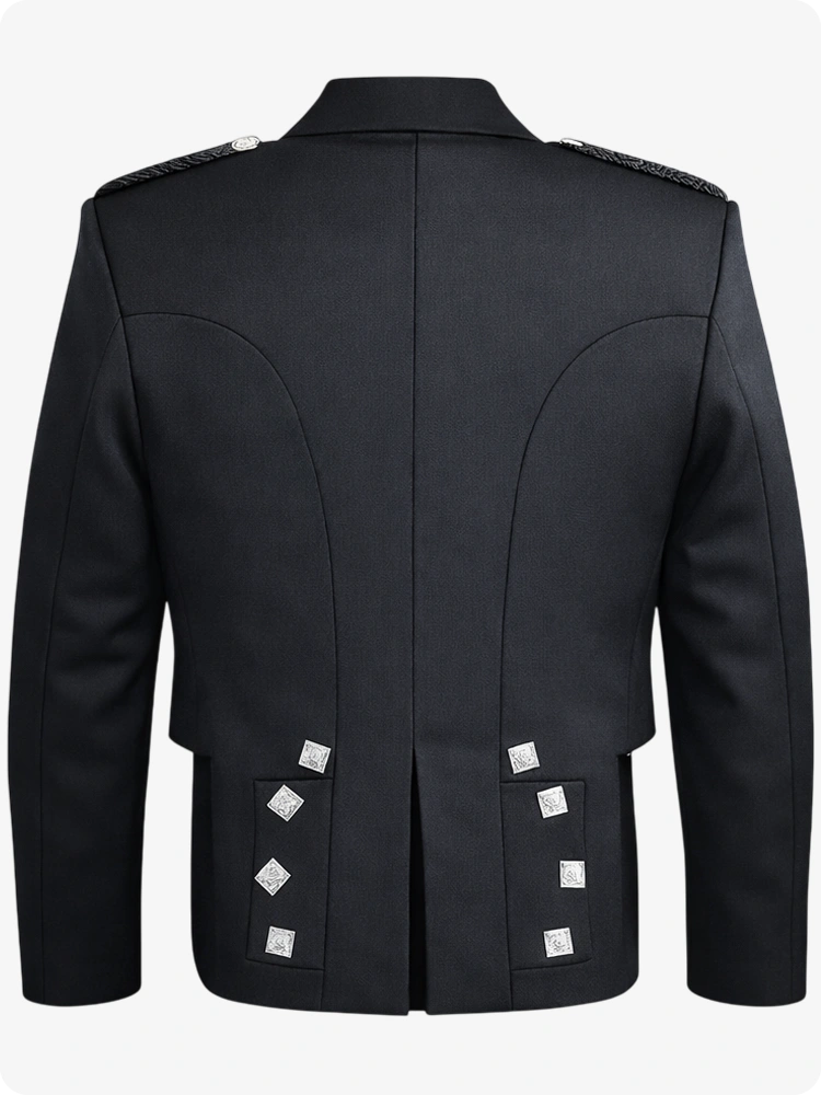 Black military-style jacket with silver buttons on a white background