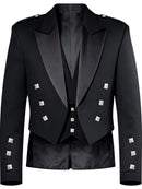 A black double-breasted blazer with satin peak lapels and decorative silver-tone square buttons, shown on a plain white background.
