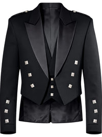 A black double-breasted blazer with satin peak lapels and decorative silver-tone square buttons, shown on a plain white background.