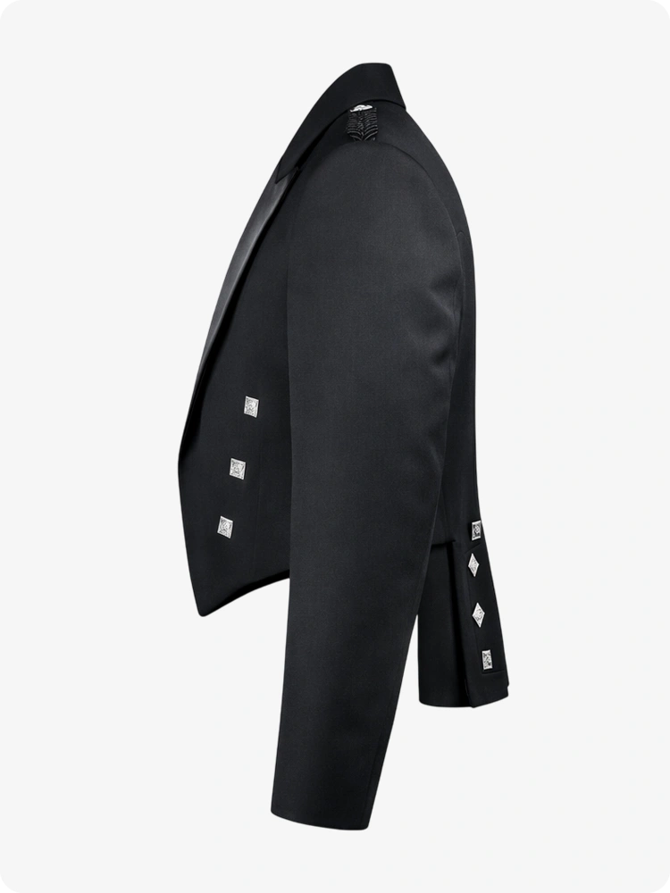 Black blazer with decorative buttons on a white background