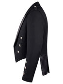 A black double-breasted tuxedo jacket shown from a side profile view, featuring silver-toned metal studs on the lapels and cuffs, set against a plain white background.