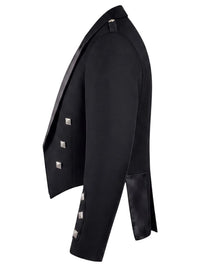 A black double-breasted tuxedo jacket shown from a side profile view, featuring silver-toned metal studs on the lapels and cuffs, set against a plain white background.