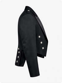 Black jacket with decorative buttons on a white background