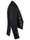 A black double-breasted blazer with silver metallic studs on the lapels and cuffs, shown in a side profile view against a plain white background.