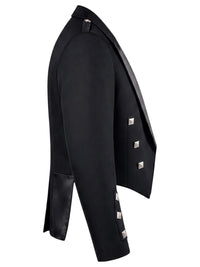 A black double-breasted blazer with silver metallic studs on the lapels and cuffs, shown in a side profile view against a plain white background.