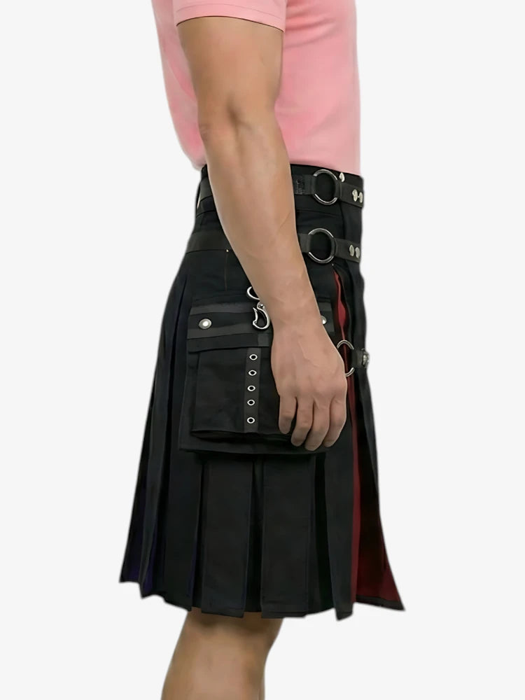 Schwarzer Regenbogen-Kilt mit Metallring-Riemen