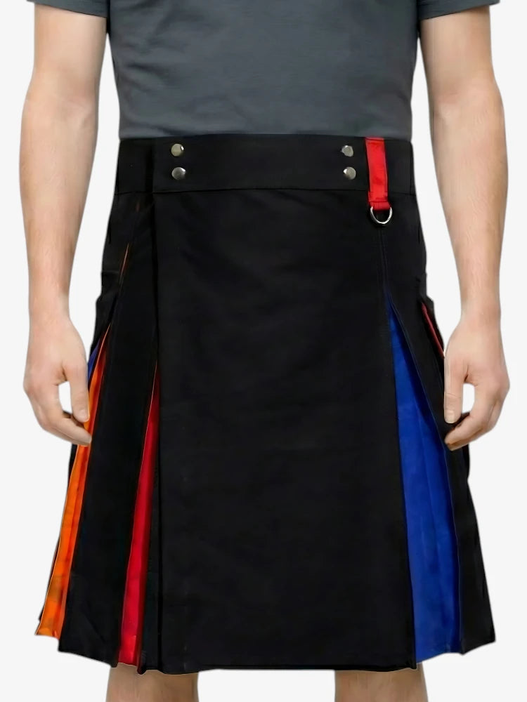 Schwarzer Rainbow Kilt mit roten & blauen Falten